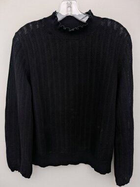 J.Crew Women's Black Pointelle Knit Ruffle Mock Neck Sweater | Size L